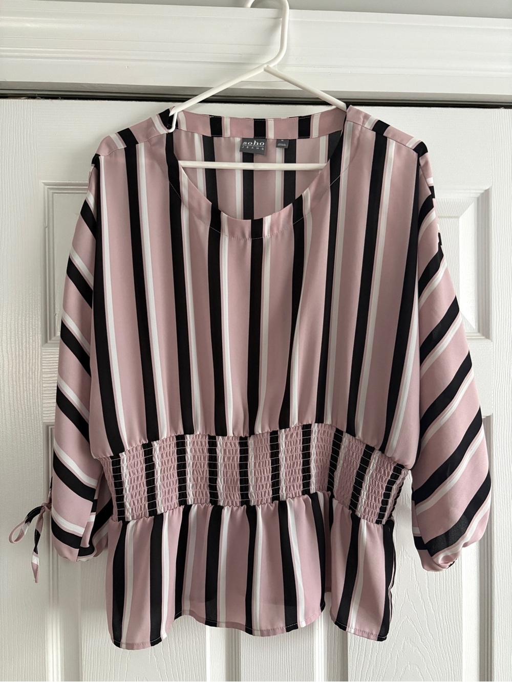 New York & Company Pink, Black and Cream Striped Smocked Waist Blouse